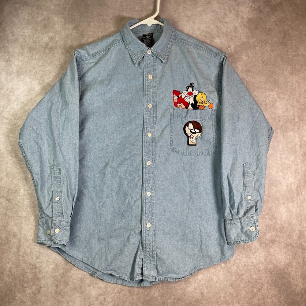 VINTAGE Looney Tunes Shirt Mens XS Blue Denim Button Up Long Sleeve Warner